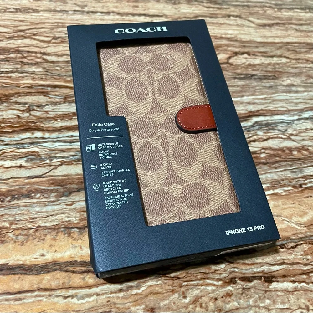Coach Phonecase Brown Signature C Monogram Logo Folio Wallet Case iPhone 15 Pro